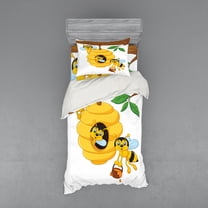 Ambesonne Cartoon Bedding Set 3 Pcs, Tree with Beehive Honey, Twin XL, Yellow Brown Green