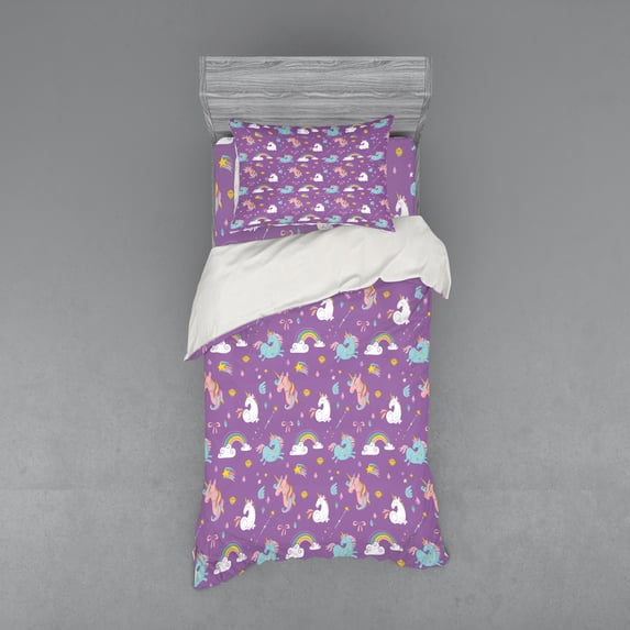 Ambesonne Cartoon Bedding Set 3 Pcs, Unicorn Rainbows, Twin XL, Multicolor