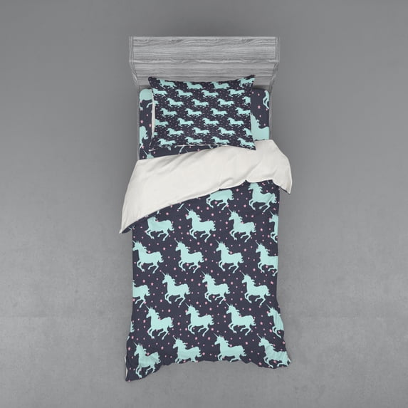 Ambesonne Cartoon Bedding Set 3 Pcs, Unicorn Spot Stars, Twin, Dark Blue and Pink