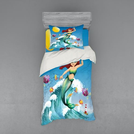 Ambesonne Cartoon Bedding Set 3 Pcs, Wave with Fish, Twin, Multicolor