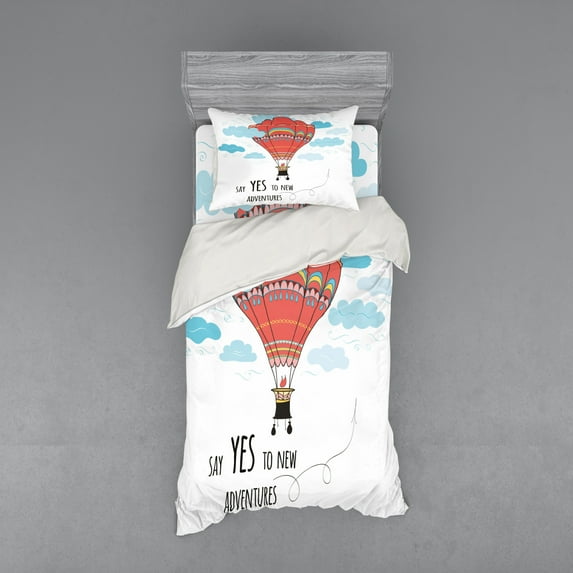 Ambesonne Cartoon Bedding Set 3 Pcs, Words Hot Air Balloon, Twin, Coral Sky Blue