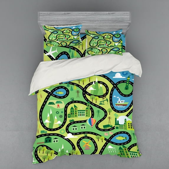 Ambesonne Cartoon Bedding Set 4 Pcs, Aerial Coastal Suburbs, Queen, Multicolor