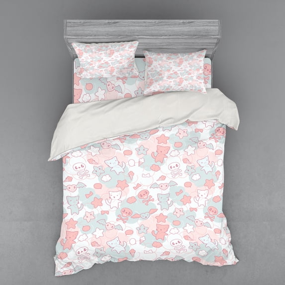 Ambesonne Cartoon Bedding Set 4 Pcs, Bats, Queen, Pale Pink Pale Blue