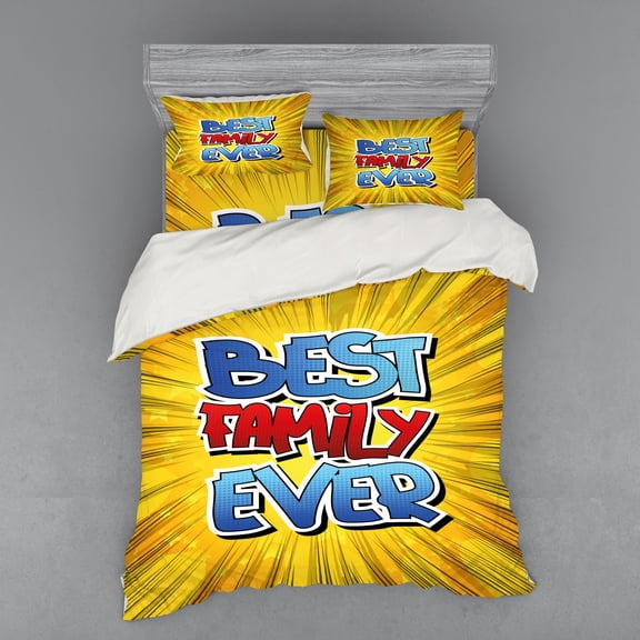 Ambesonne Cartoon Bedding Set 4 Pcs, Best Family Ever Words, Queen, Blue Red Yellow