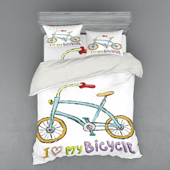 Ambesonne Cartoon Bedding Set 4 Pcs, Bicycle Love Words, Queen, Multicolor