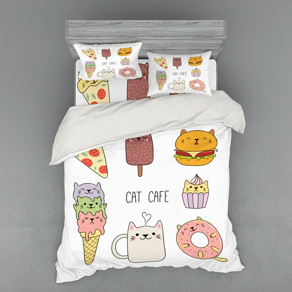 Ambesonne Cartoon Bedding Set 4 Pcs, Cats Cafe Food Shapes, Queen, Multicolor