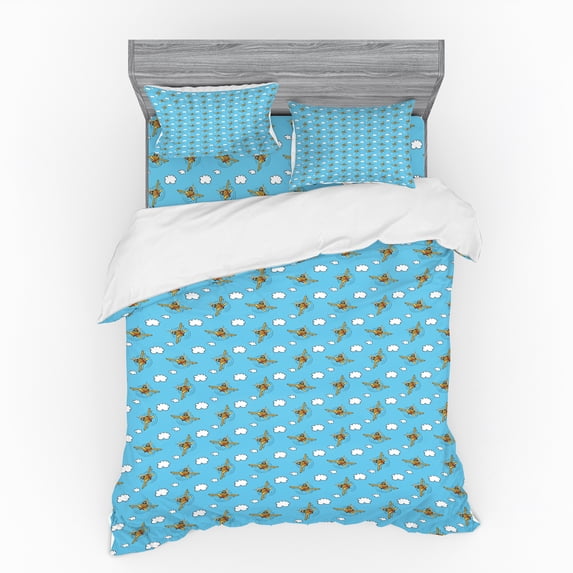Ambesonne Cartoon Bedding Set 4 Pcs, Clouds and Plane Pilot, Queen, Sky Blue Pale Coffee