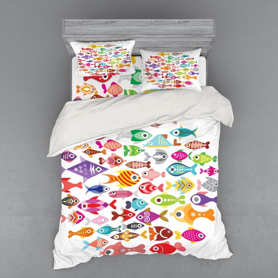 Ambesonne Cartoon Bedding Set 4 Pcs, Colorful Aquarium Fishes, Queen, Multicolor