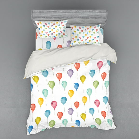 Ambesonne Cartoon Bedding Set 4 Pcs, Colorful Festive Balloons, Queen, Multicolor