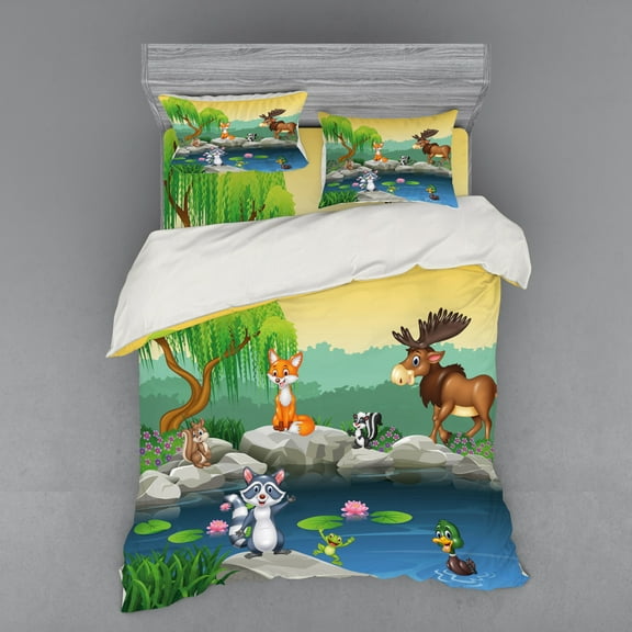 Ambesonne Cartoon Bedding Set 4 Pcs, Colorful Scene of Animals, Queen, Lime Green and Multicolor