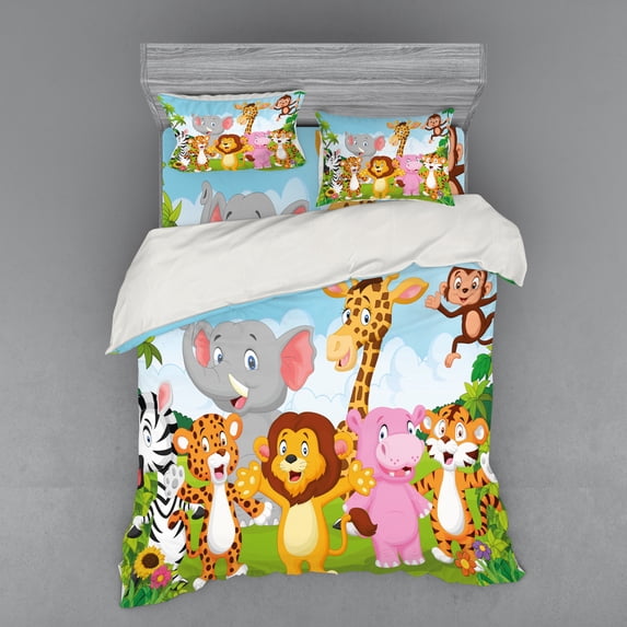 Ambesonne Cartoon Bedding Set 4 Pcs, Comic Savannah, Queen, Multicolor
