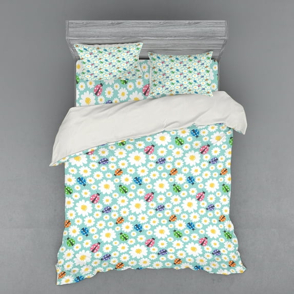 Ambesonne Cartoon Bedding Set 4 Pcs, Daisies and Ladybugs, Queen, Multicolor