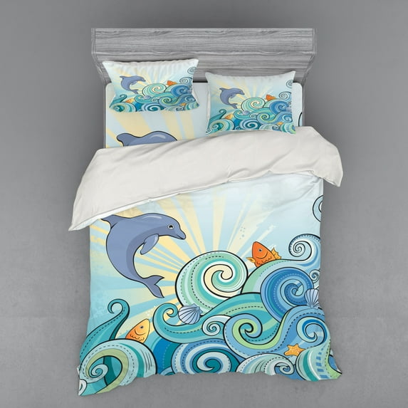 Ambesonne Cartoon Bedding Set 4 Pcs, Dolphin Ocean, Queen, Multicolor