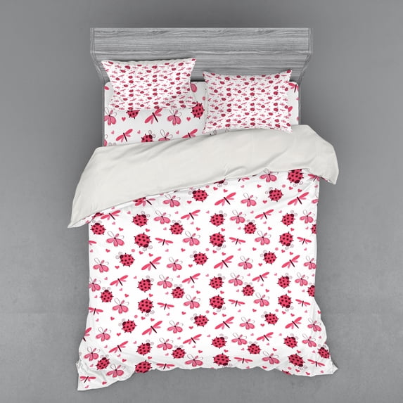 Ambesonne Cartoon Bedding Set 4 Pcs, Dragonfly Ladybugs Hearts, Queen, White Pink