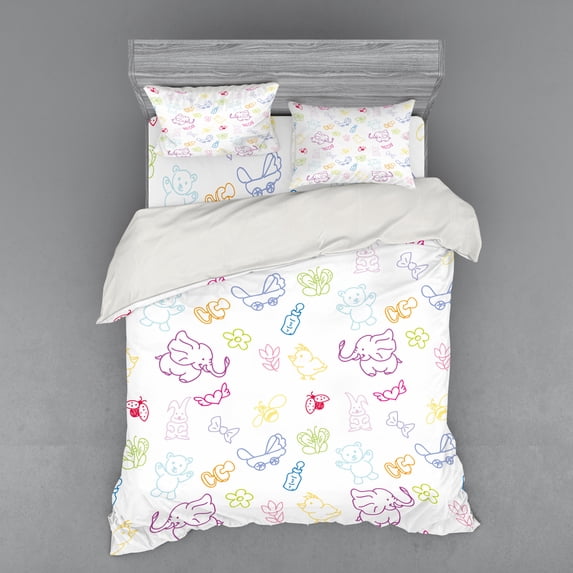 Ambesonne Cartoon Bedding Set 4 Pcs, Elephants Bears, Queen, Multicolor