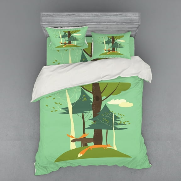 Ambesonne Cartoon Bedding Set 4 Pcs, Elk and Fox in Forest, Queen, Green Brown and Orange