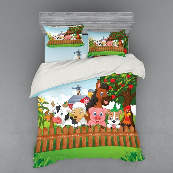 Ambesonne Cartoon Bedding Set 4 Pcs, Farm Animals Mascots, Queen, Multicolor