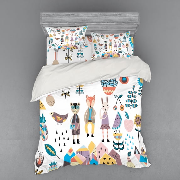 Ambesonne Cartoon Bedding Set 4 Pcs, Fox Bunny and Bear, Queen, Multicolor