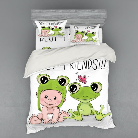 Ambesonne Cartoon Bedding Set 4 Pcs, Frog Love Friends, Queen, White Cream Green