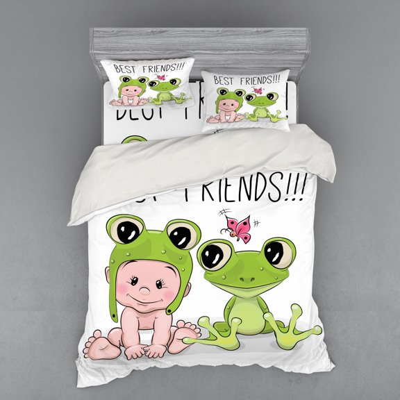 Ambesonne Cartoon Bedding Set 4 Pcs, Frog Love Friends, Queen, White Cream Green