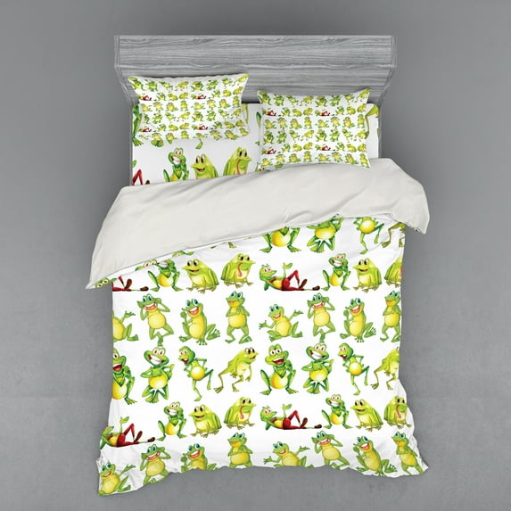 Ambesonne Cartoon Bedding Set 4 Pcs, Frogs Different Poses, Queen, Green Yellow Red