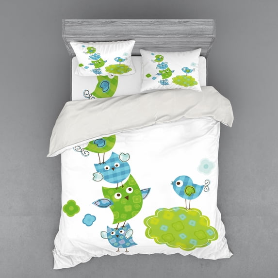 Ambesonne Cartoon Bedding Set 4 Pcs, Happy Animals Playing, Queen, Lime Green Blue