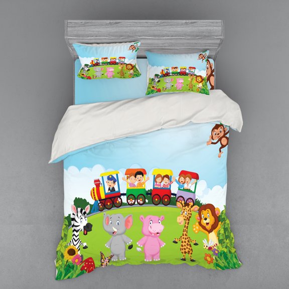 Ambesonne Cartoon Bedding Set 4 Pcs, Happy Savannah Forest Train, Queen, Multicolor