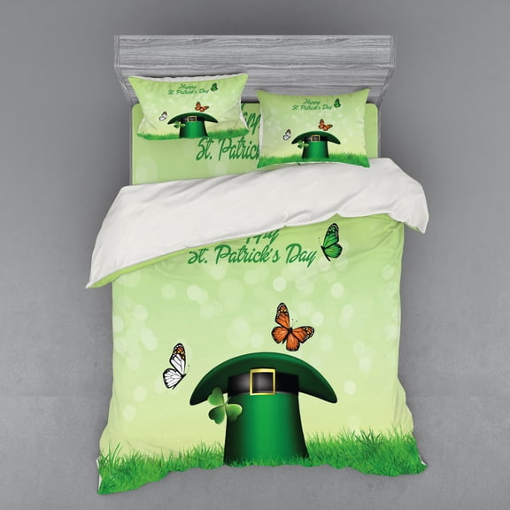 Ambesonne Cartoon Bedding Set 4 Pcs, Irish Hat Happy Day Art, Queen, Pale Green