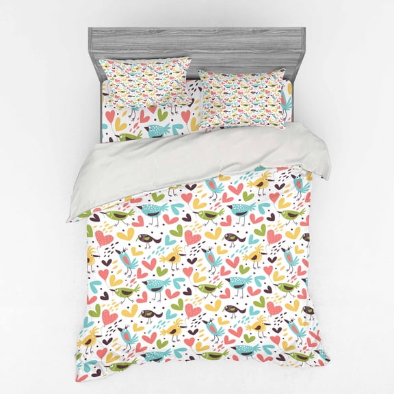 Ambesonne Cartoon Bedding Set 4 Pcs, Kingfisher and Sparrows, Queen, Multicolor