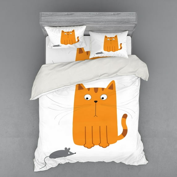 Ambesonne Cartoon Bedding Set 4 Pcs, Kitty Fun Humor, Queen, Marigold Grey