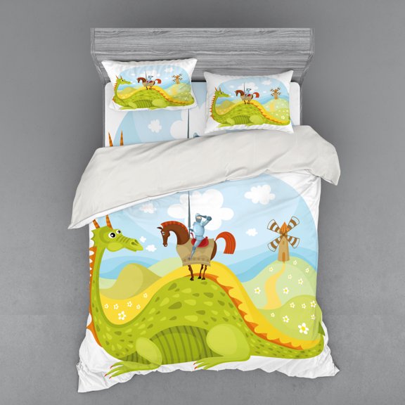 Ambesonne Cartoon Bedding Set 4 Pcs, Knight and His Horse, Queen, Apple Green Sky Blue