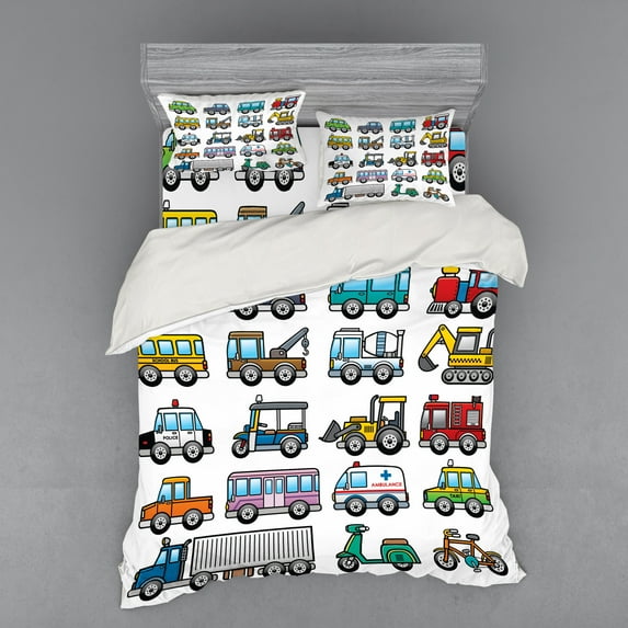 Ambesonne Cartoon Bedding Set 4 Pcs, Land Transportation Theme, Queen, Multicolor