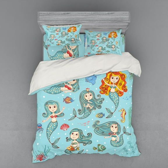 Ambesonne Cartoon Bedding Set 4 Pcs, Marine Creatures Art, Queen, Teal Orange