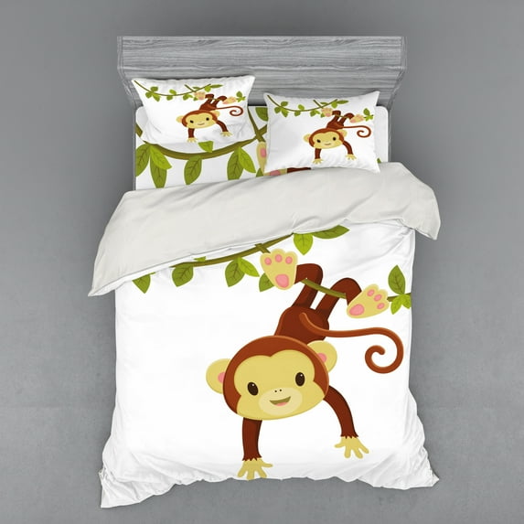 Ambesonne Cartoon Bedding Set 4 Pcs, Monkey on Liana, Queen, Brown Green and Pink