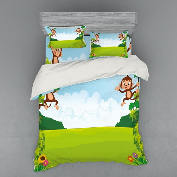 Ambesonne Cartoon Bedding Set 4 Pcs, Monkeys on Vines, Queen, Pale Blue Brown Green