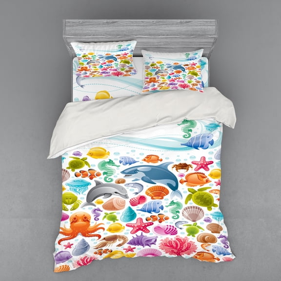 Ambesonne Cartoon Bedding Set 4 Pcs, Ocean Fauna Design, Queen, Multicolor