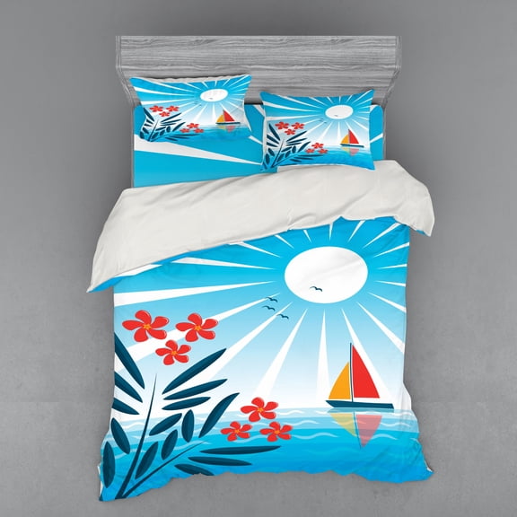 Ambesonne Cartoon Bedding Set 4 Pcs, Oleanders and Sailboat, Queen, Blue Orange White