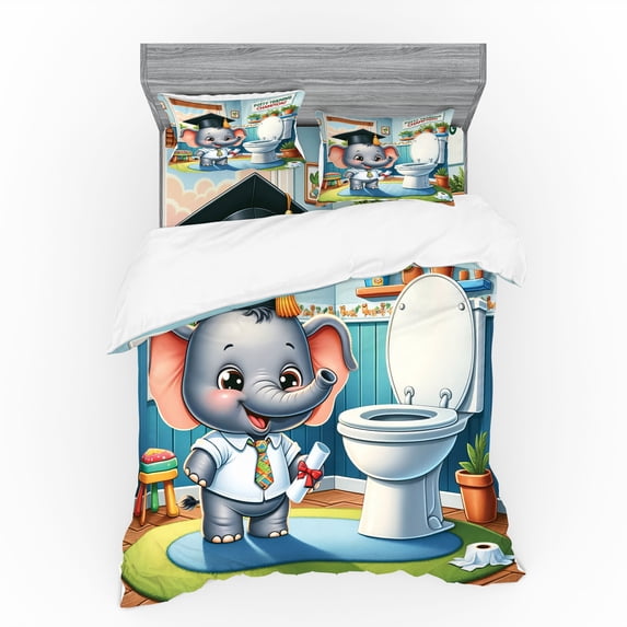 Ambesonne Cartoon Bedding Set 4 Pcs, Potty Training Elephant Art, King, Purpleblue Multicolor