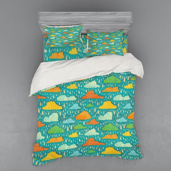 Ambesonne Cartoon Bedding Set 4 Pcs, Puffy Clouds Funk Art, Queen, Multicolor