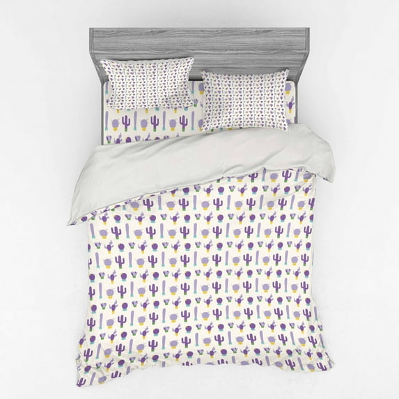Ambesonne Cartoon Bedding Set 4 Pcs, Purple Smiling Cactus Faces, Queen, Multicolor