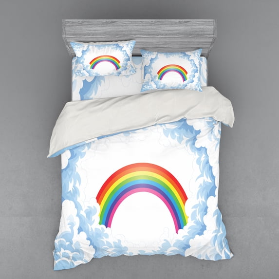 Ambesonne Cartoon Bedding Set 4 Pcs, Rainbow Fluffy Clouds, Queen, Pale Blue Yellow