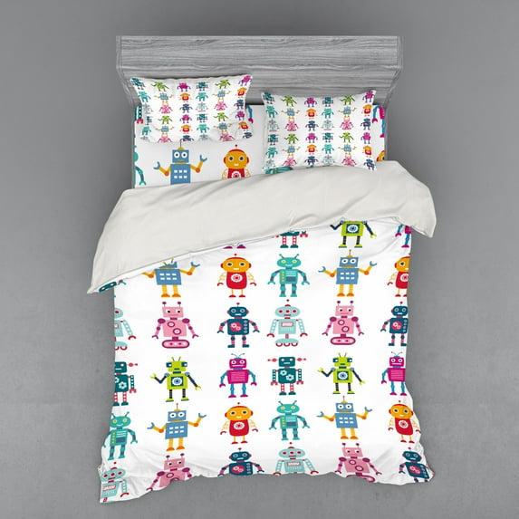 Ambesonne Cartoon Bedding Set 4 Pcs, Robot, Queen, Multicolor