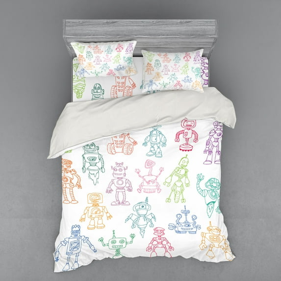 Ambesonne Cartoon Bedding Set 4 Pcs, Robots Performing Tasks, Queen, Multicolor