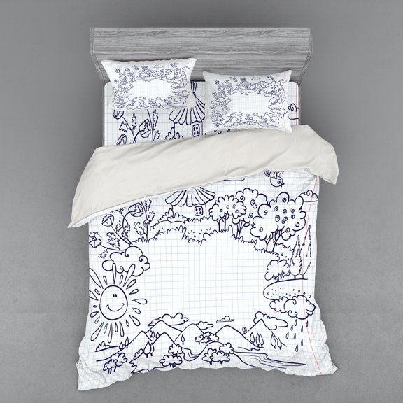 Ambesonne Cartoon Bedding Set 4 Pcs, Summer Frame, Queen, Pale Blue Dark Blue