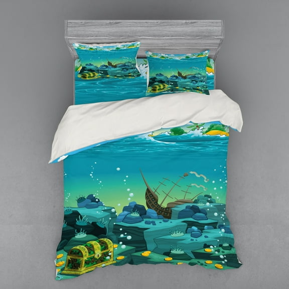 Ambesonne Cartoon Bedding Set 4 Pcs, Sunk Ship Pirate, Queen, Teal and Yellow