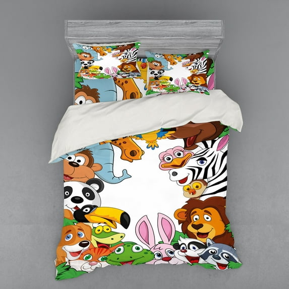 Ambesonne Cartoon Bedding Set 4 Pcs, Tropical Jungle Animals, Queen, Multicolor