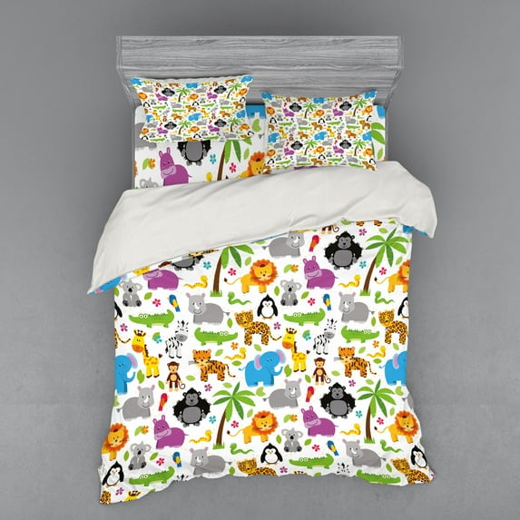 Ambesonne Cartoon Bedding Set 4 Pcs, Various Animals, Queen, Multicolor