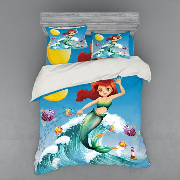 Ambesonne Cartoon Bedding Set 4 Pcs, Wave with Fish, Queen, Multicolor