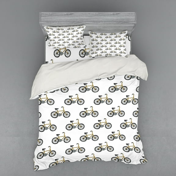 Ambesonne Cartoon Bedding Set 4 Pcs, Yellow Bicycle Pattern, Queen, Mustard Black