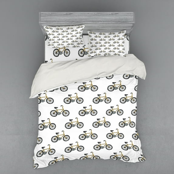 Ambesonne Cartoon Bedding Set 4 Pcs, Yellow Bicycle Pattern, Queen, Mustard Black